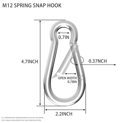 4.7IN Spring Snap Hook Carabiner, 2PCS M12 Heavy Duty Galvanized Steel Carabiner Clip, 1000LBS Holding Capacity Spring Clips for Hammock Swing Outdoor Travel
