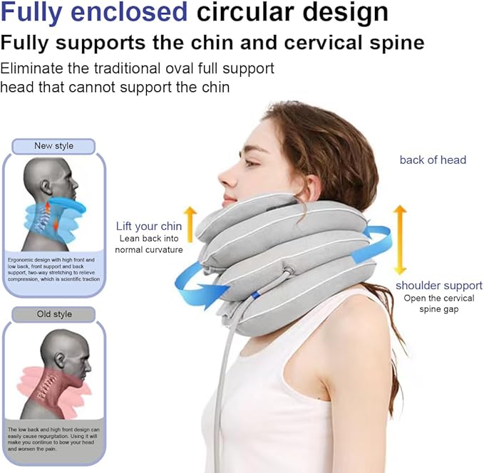 Neck Stretcher with Neck Brace,Cervical Traction Neck Device,Neck Relief Tool,Adjustable Inflatable Cervical Brace,Home Use Neck Decompression New Technology Breathable Fabric Washable&Colorfast(Gray)