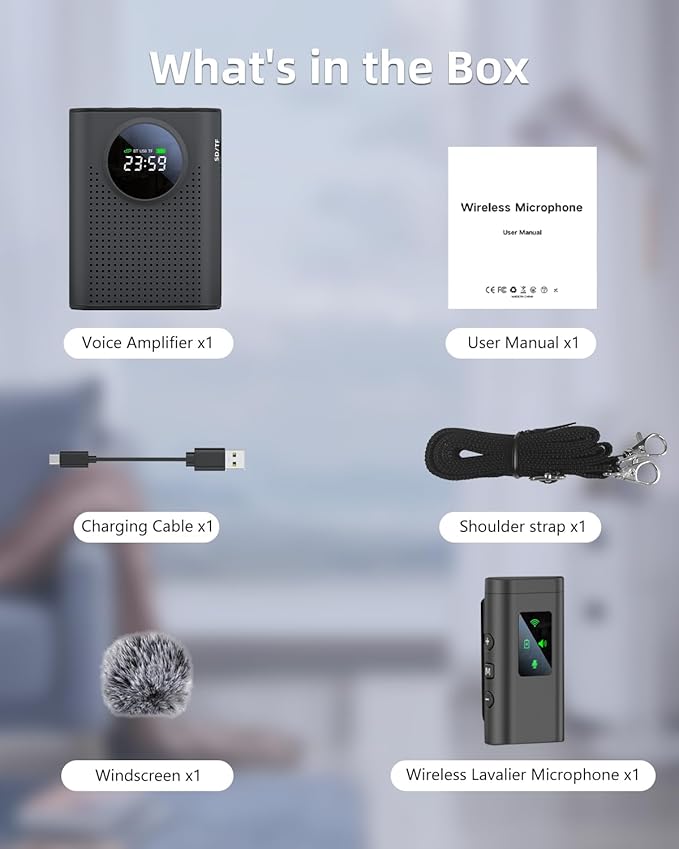 Rechargeable Voice Amplifier Wireless Microphone for Teachers Classroom, Mini Lavalier Lapel Mic Clip Magnetic, Portable Bluetooth Speaker with LED Display for Class, Tour Guide, Coaches, Black
