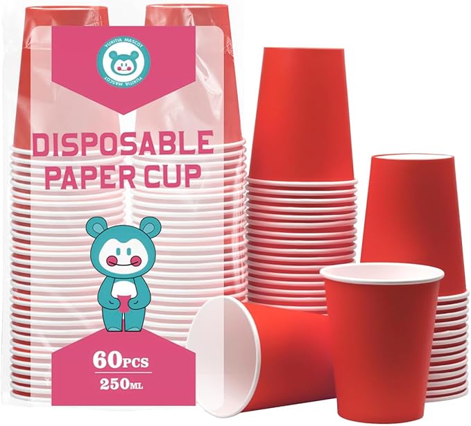 Disposable Paper Cups, 60pcs Red Paper Cups For DIY Wedding Party Picnic BBQ Travel and Event 8OZ (Red)