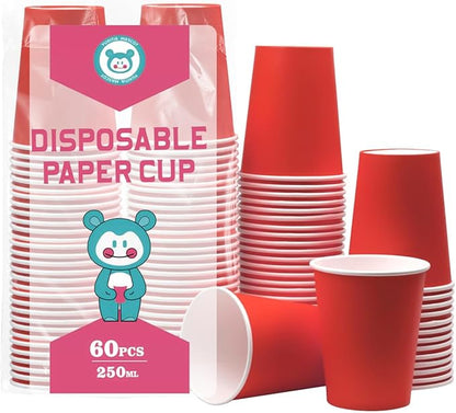 Disposable Paper Cups, 60pcs Red Paper Cups For DIY Wedding Party Picnic BBQ Travel and Event 8OZ (Red)
