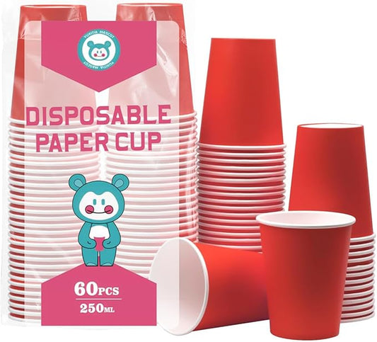 Disposable Paper Cups, 60pcs Red Paper Cups For DIY Wedding Party Picnic BBQ Travel and Event 8OZ (Red)