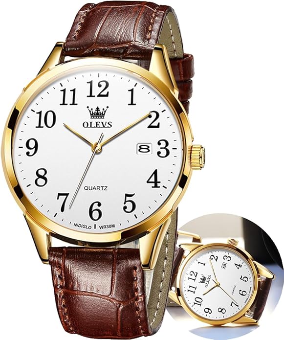 OLEVS Mens Watches Vintage Leather Band Dress Classic Easy Reader Arabic Numerals Analog Quartz Waterproof Date and Day Blue/Black/White Large Face Men's Wrist Watches