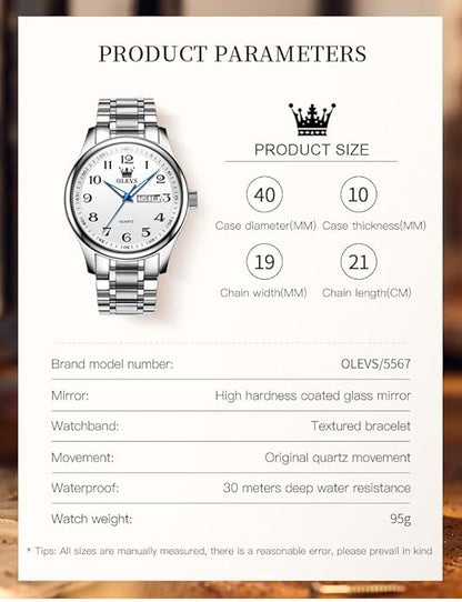 OLEVS Mens Watch Stainless Steel Analog Quartz Watches for Men Day Date Easy Read Diamond Waterproof Dress Luxury Classic Casual Big Face Blue/Black/Gold/Silver Roman Arabic Numerals Men's Wrist Watch