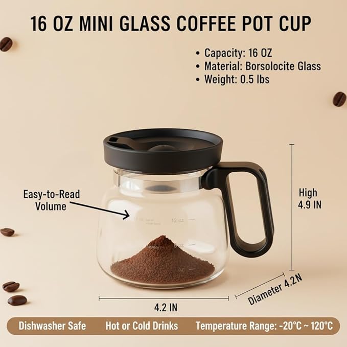 Coffee Pot Mug with Lid,16 Oz Glass Mini Coffee Cup | Spill Proof Heatproof Large Capacity Clear Travel Mug & Novelty Gift for Coffee Lovers & Office Desk (Coffee Pot-2 PCS)