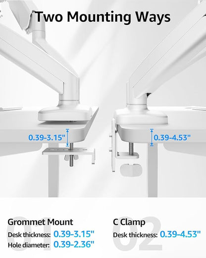 MOUNTUP Dual Monitor Stand for Desk, Gas Spring Monitor Arms for 2 Monitors Max 32 Inches, Height Adjustable Double Monitor Mount, VESA Mount with C-Clamp & Grommet Base, Holds 4.4-17.6lbs, White
