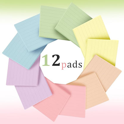 Pop Up Sticky Notes Lined 3x3 inch,12 Pad Easy to Post Sticky Notes with Lines, 600 Sheet, Pink Purple Blue Yellow Green Orange Color, Office Accessories