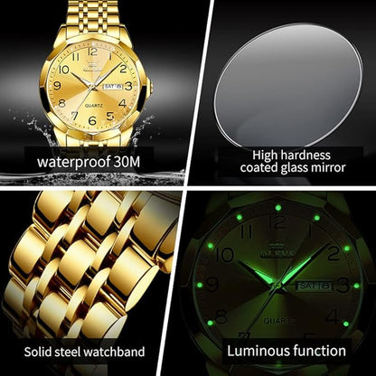 OLEVS Watch for Men Luxury Dress Analog Quartz Stainless Steel Waterproof Luminous Date Diamond Business Two Tone Casual Wrist Watch