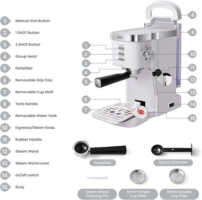 Gevi 20 Bar Professional Espresso Machine for Home, Compact with Milk Frothing Steam Wand, Adjustable Single & Double Shot, Gift for Coffee Lovers, Mom & Dad