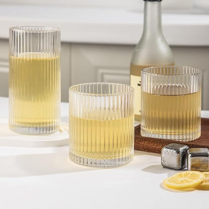 Ribbed Drinking Glasses 12pcs, 12oz and 10oz Glassware, Tumbler Glasses Cup Set for Wedding, Party, Christmas Gift, Clear