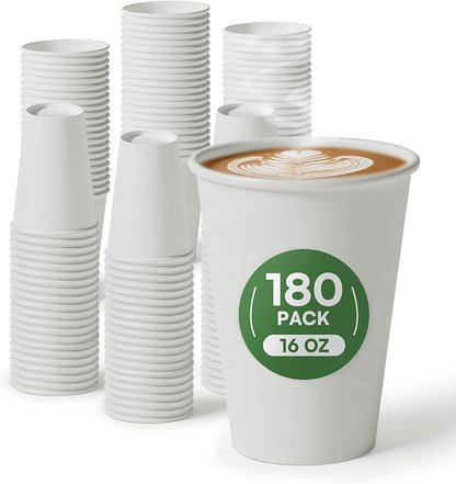 16 oz Coffee Cups Disposable White Paper Cups,180 Pack BPA Free Unbleached Disposable Cups, 300GSM Thickened Hot Cups, Leak Proof Drink Water Cups for Everyday Use Office Party Cafe Supply Essentials