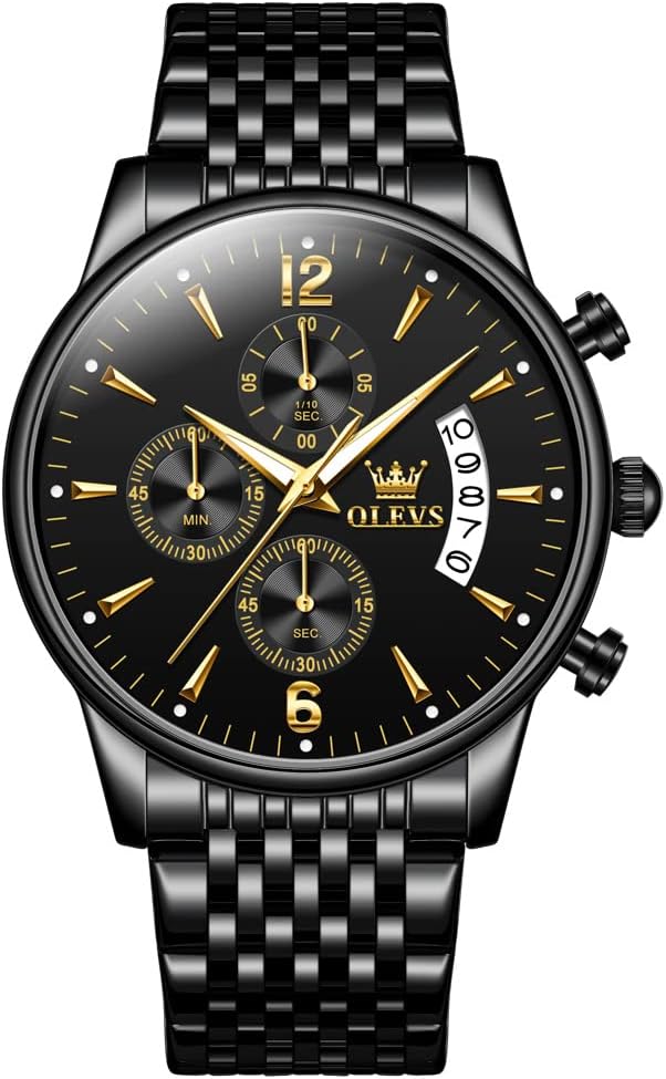 OLEVS Men's Stainless Steel Chronograph Watch, Big Face Gold Silver Black Tone Easy to Read Analog Quartz Watch, Luxury Waterproof Date Diamond Roman Arabic Numerals Dial Dress Watch for Men
