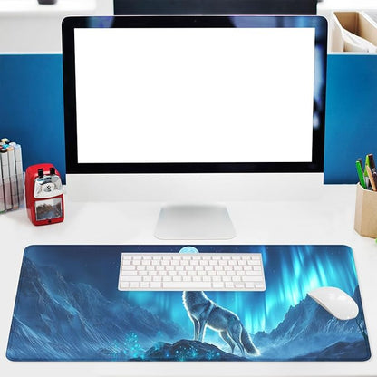Howling Wolf Desk Pad Mouse Pad Northern Lights Full Moon Aurora Large Gaming Mouse Mat with Stitched Edges,Non-Slip Waterproof Rubber Base Mous Mat 31.5"x11.8"