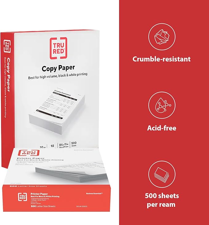Staples TRU RED Printer Paper, 8.5" x 11", Designed for High-Speed Printers, 92-Brightness, White Color (500 Sheets/Ream)