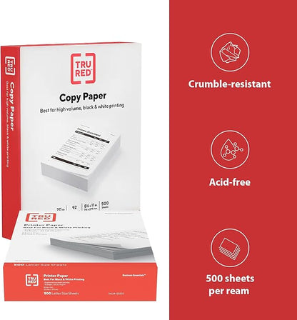 Staples TRU RED Printer Paper, 8.5" x 11", Designed for High-Speed Printers, 92-Brightness, White Color (500 Sheets/Ream)