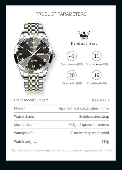 OLEVS Mens Watch Stainless Steel Analog Quartz Watches for Men Day Date Easy Read Diamond Waterproof Dress Luxury Classic Casual Big Face Blue/Black/Gold/Silver Roman Arabic Numerals Men's Wrist Watch