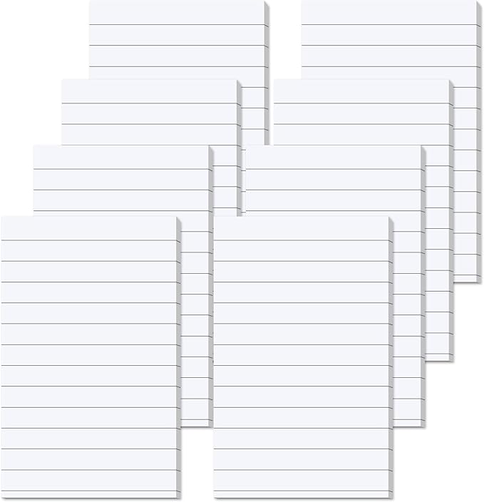 Pack of 400 Sticky Notes White Self-Adhesive Notes 76 x 127 mm, Sticky Notes Large Lined Sticky Note for Marking Pages for Office, Study, Home - 8 Pack/400 Sheets