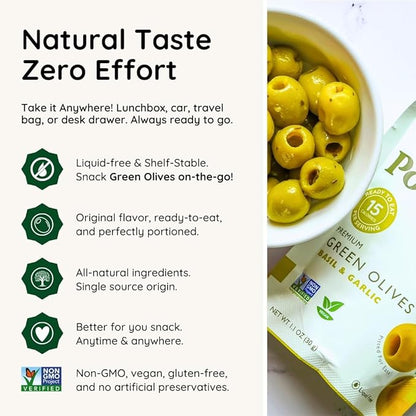 POSHI Green Pitted Olives - Basil & Garlic | Vegan, Kosher, Gluten Free + Keto Friendly, Fresh, Low Calorie Healthy Snacks | (30 Pack, 1.1oz Bags)