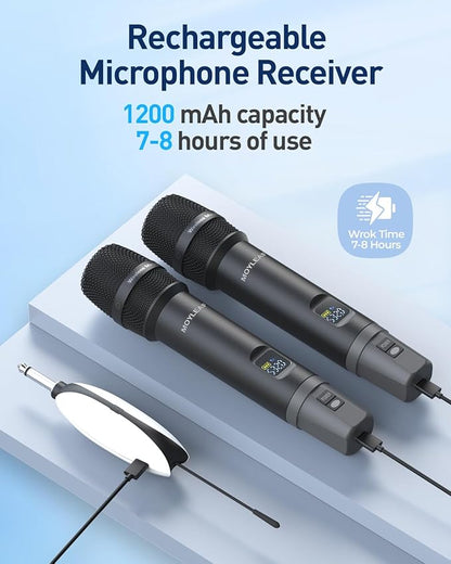 Wireless Microphone, UHF Metal Rechargeable Wireless Microphone, Rechargeable Receiver, 1/4 "Output with 1/8" Output, Suitable for Karaoke Singing, Speeches, Churches,Meetings, Weddings, 240 Ft.