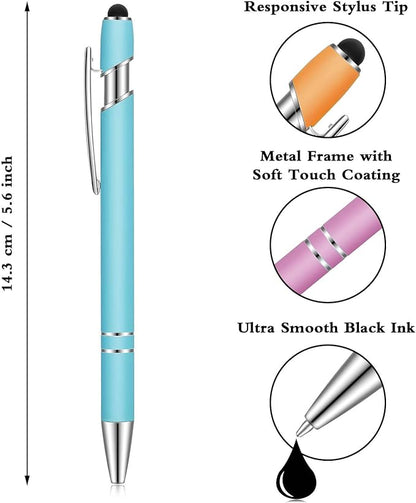 Tenare 12 Pieces 2 in 1 Stylus Metal Ballpoint Pen with Stylus Tip, 1.0 mm Black Ink Ballpoint Pen for Touch Screens(Mixed Color)