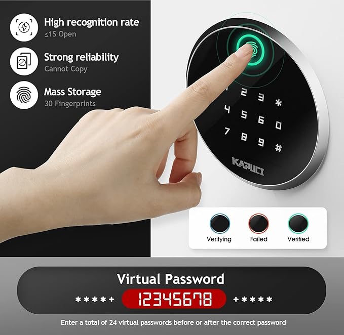 KAPUCI Modern Minimalism Design Biometric Fingerprint Touch Screen Safe, 2.25 Cubic Feet Auto-Open Safe Box with Digital Virtual Password,Safety Steel Home Safes for Wardrobe,Office(New Version)