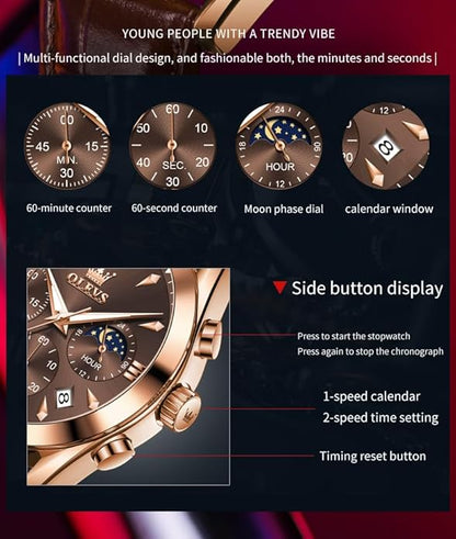 OLEVS Men's Leather Analog Quartz Watch - Luxury Chronograph Wristwatch With Date, Waterproof, Luminous - Dress Style