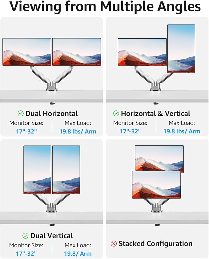 MOUNTUP Dual Monitor Desk Mount, Die-Cast Aluminum Fully Adjustable Double Monitor Arm with Gas Spring, Computer Monitor Stand Fits 2 Screen 17 to 32 inch - Each Arm Holds 4.4-19.8LBS, MU0024