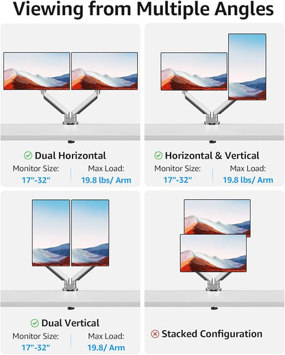 MOUNTUP Dual Monitor Desk Mount, Die-Cast Aluminum Fully Adjustable Double Monitor Arm with Gas Spring, Computer Monitor Stand Fits 2 Screen 17 to 32 inch - Each Arm Holds 4.4-19.8LBS, MU0024