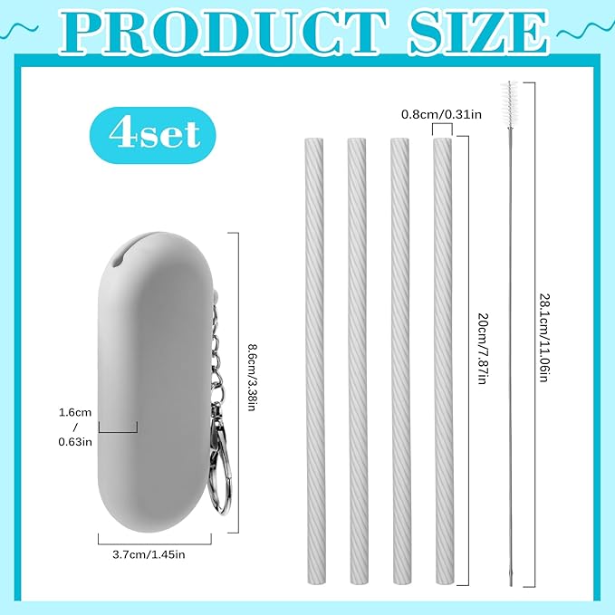 Meanplan 4 Sets Cruise Ship Essentials,4 Set Silicone Straws with Case Reusable Silicone Portable Drinking Straw Set for Party Travel Cold or Hot with 4 Carry Case, 4 Cleaning Brushes (Gray)