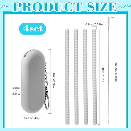 Meanplan 4 Sets Cruise Ship Essentials,4 Set Silicone Straws with Case Reusable Silicone Portable Drinking Straw Set for Party Travel Cold or Hot with 4 Carry Case, 4 Cleaning Brushes (Gray)