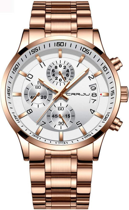 CRRJU Men's Fashion Stainless Steel Watches Date Waterproof Chronograph Wristwatches,Black Steel Band Waterproof Quartz Watch for Men