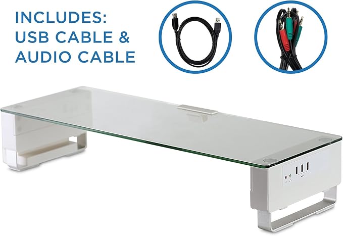 Mount-It! Glass Monitor Stand with 3 USB Ports | Desktop Riser Fits 24, 27, 30, 32 Inch Screens, 66 Lbs Capacity