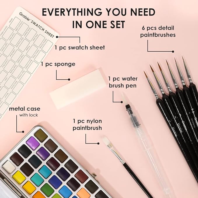 Grabie 50 Colors Watercolor Paint Set, Detail Paint Brush Included, Watercolor Paints, Painting Sets, Art Supplies for Painting, Travel Watercolor Set, Amateur Hobbyists