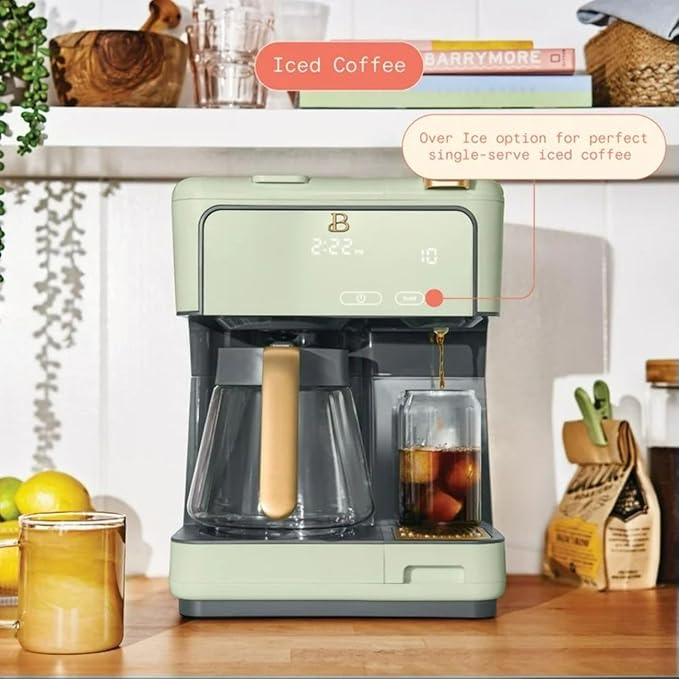 Beautiful Multi-Brew Coffee Maker – 12-Cup Carafe & Single-Serve Pod or Grounds, Iced Coffee Mode, Programmable Touch Display, Includes Filters (Sage Green)