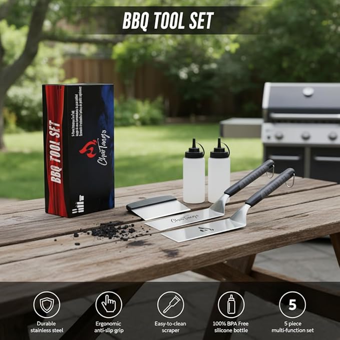 Blackstone-Compatible 5-Piece Griddle Spatula Set - 3mm Heavy-Duty Stainless Steel Tools w/ Scraper & 2 BPA-Free Oil Bottles - Fits Blackstone/Camp Chef - Ideal for Hibachi, Camping BBQ & Grill Gift