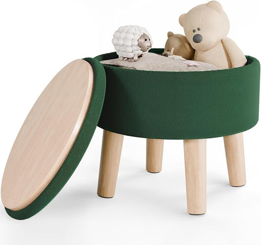 Poofzy Small Ottoman with Storage, Small Foot Stool Ottoman with Wood Legs, Velvet Foot Rest for Couch, Living Room and Bedroom - Dark Green