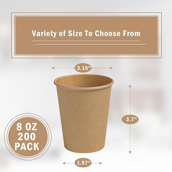 Lamosi 200 Pack 8 oz Kraft Paper Cups, Brown Disposable Paper Coffee Cups, Unbleached Paper Cups for Hot/Cold Beverage Party Home Office