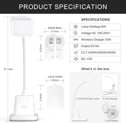 Desk Lamp with Wireless Charger - LED Desk Lamps for Home Office with Pen Holder, 800LM, 3 Color Modes, Flexible Arm, Eye-Caring White Table Lamps for Home College Dorm Room Christmas Gifts