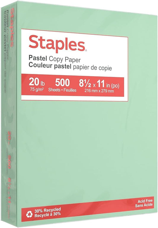 Staples Pastel 30% Recycled Color Copy Paper, 20 lbs., 8.5" x 11", Green, 500/Ream
