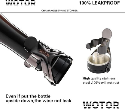 WOTOR Champagne&Wine Bottle Stoppers Stainless Steel with Food Grade Silicone, Leak Proof Keep Fresh Reusable Saver, Cork Suitable for Wine, Champagne, Cava, Prosecco and Sparkling (2 Pack Black）