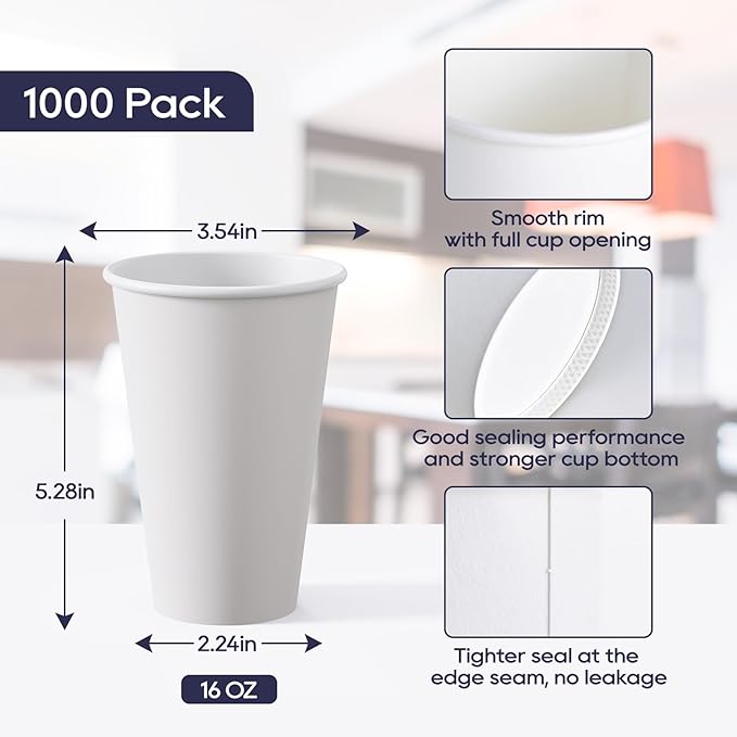 LITOPAK 1000 pack 16 oz Disposable Paper Coffee Cup, Hot Paper Coffee Cups, 16 oz White Paper Cups for Offices, Schools, Shops, Restaurants