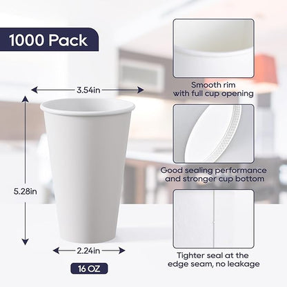 LITOPAK 1000 pack 16 oz Disposable Paper Coffee Cup, Hot Paper Coffee Cups, 16 oz White Paper Cups for Offices, Schools, Shops, Restaurants