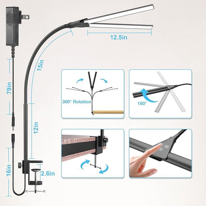 Desk Lamp for Home Office, Double Head Desk Light with Clamp, Dimmable 5 Color Modes Task Lighting, Eye-Caring Architect Table Lamp for Workbench, Dual Monitor, Study, 1400lm