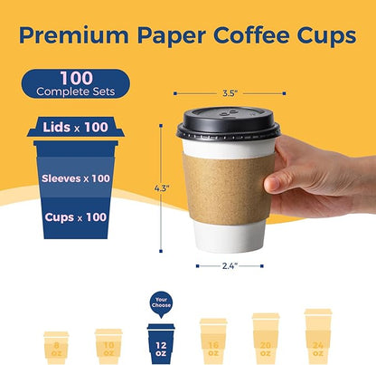 Fit Meal Prep 100 Pack 12 oz Disposable Coffee Cups with Lids, Sleeves, Leak-Proof To Go Coffee Cups with Lids, Durable Paper Cups for Hot Beverage, Home, Office, Party