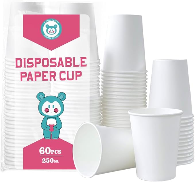 White Disposable Paper Cups, 60pcs Paper Cups For DIY Wedding Party Picnic BBQ Travel and Event 8OZ (White)