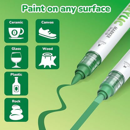 Guangna 12 Green Dual Tip Acrylic Paint Markers, Brush Tip & Chisel Tip Acrylic Paint Pens for Pumpkin Paint, Rock, Wood, Glass, Paper, Coloring Book, Ceramic, Canvas, Water-Based Ink