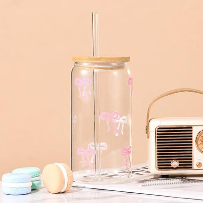 Coquette Cute Pink Bow Glass Cups with Lids and Straws, Aesthetic Iced Coffee Cup, Girly Preppy Design Tumbler Mug for Teen Girls Women Girlfriends Gifts