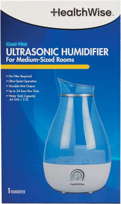 HealthWise Cool Mist Ultrasonic Humidifier | For Medium Size Rooms | No Filter Required | 24 Hour Run Time, Blue, 2.6L