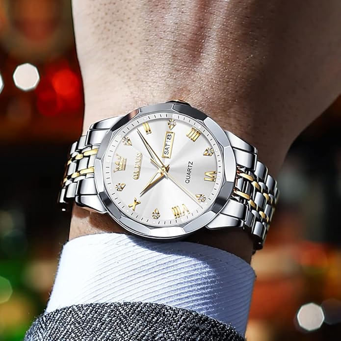 OLEVS Mens Watch Stainless Steel Analog Quartz Watches for Men Day Date Easy Read Diamond Waterproof Dress Luxury Classic Casual Big Face Blue/Black/Gold/Silver Roman Arabic Numerals Men's Wrist Watch