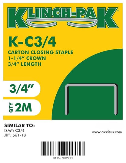 C-3/4,1-1/4" Crown by 3/4" Leg Length Carton Closing Stick Staple, 2000 per Package- SIM CC34, C34 or JK561, Ideal for Folding Boxes, Complete Overlap and Corrugated Cardboard Applications